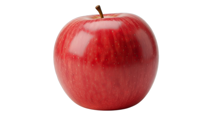 A vibrant red apple with a glossy skin is featured prominently against a stark black background