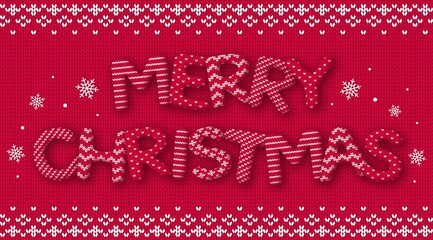 Red knitted christmas card. Winter background