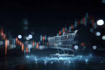 Empty shopping cart on a dark background with a city skyline and digital network