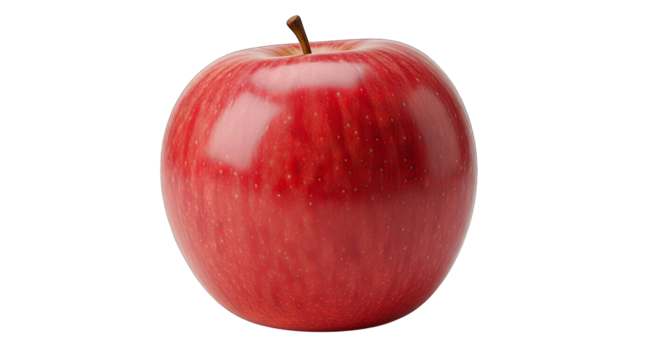 A vibrant red apple with a glossy skin is featured prominently against a stark black background