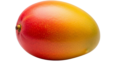 A vibrant, ripe mango displays gradient hues of red and yellow against a stark black background.