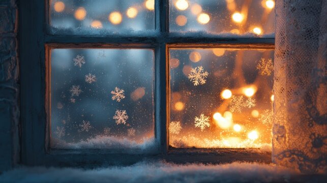 Winter window scene with snowflakes, lights, and cozy holiday atmosphere