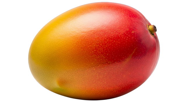 A vibrant, solitary mango showcases smooth transitions from yellow to red against dark backdrop.