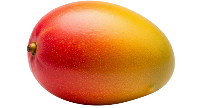 A vibrant, ripe mango displays gradient hues of red and yellow against a stark black background.