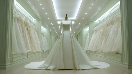 Elegant bridal gown showcased in a luxurious boutique setting with racks of white dresses and soft lighting creating a serene atmosphere for brides