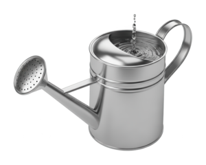 Gleaming metallic container receives a stream of liquid from above against a dark background