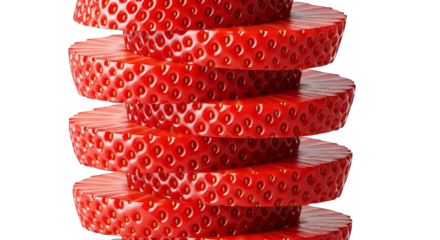 A vibrant stack of sliced strawberries showcases fresh, juicy textures against a black background.