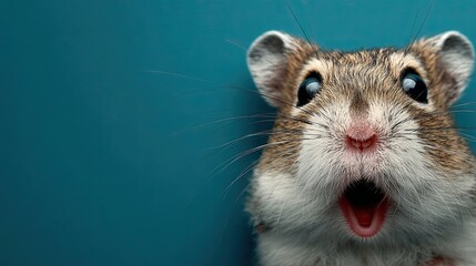 Hamster face. Open mouth. Surprise, shock, paws on head on a solid colored background. Space for text.