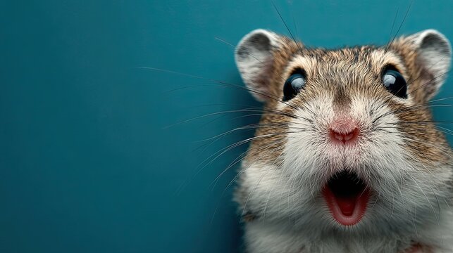Hamster face. Open mouth. Surprise, shock, paws on head on a solid colored background. Space for text.