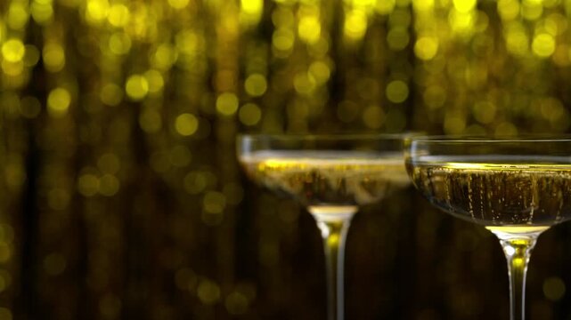 Two coupe glasses of champagne on golden bokeh background. Champagne in a two coupe glases on a table. Glasses with champagne placed on a table.