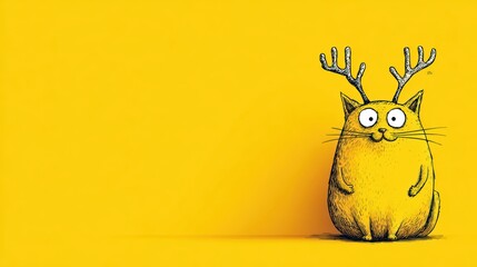 Whimsical cat with antlers on a bright yellow background