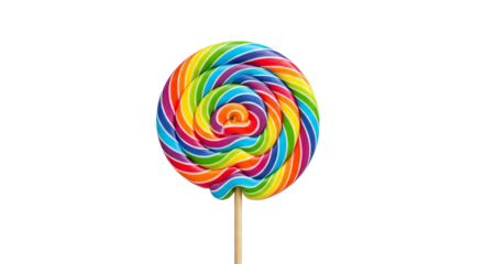 A vividly swirled lollipop displays a spectrum of bright colors against a stark black background.