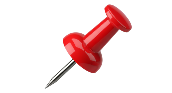 A vivid red pushpin stands angled against a stark black backdrop in an eye-catching still life.