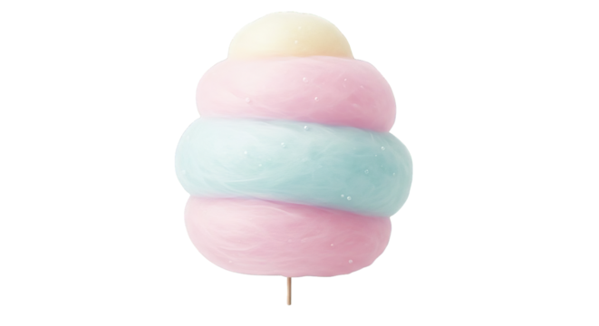 A whimsical stack of pastel-colored spun sugar layers evokes a sense of fun and childlike joy.