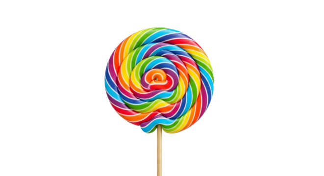 A vividly swirled lollipop displays a spectrum of bright colors against a stark black background. - Powered by Adobe