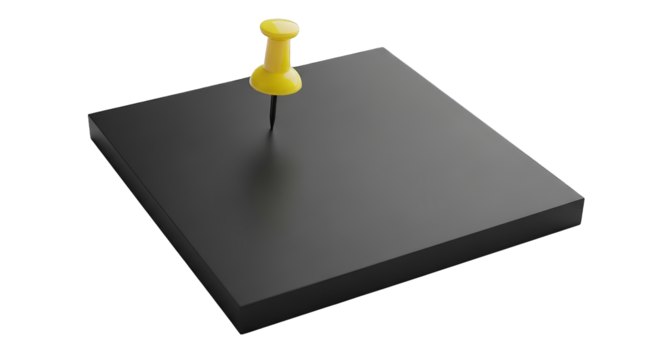 A yellow push pin pierces a gray rectangular surface on a black background, creating stark contrast