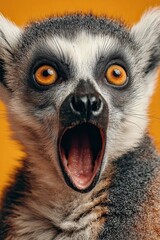 Obraz premium Lemur face. Open mouth. Surprise, shock, paws on head on a solid colored background. Space for text.