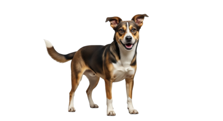 An alert and joyful brown, white, and black dog stands on a black background with perky ears showing