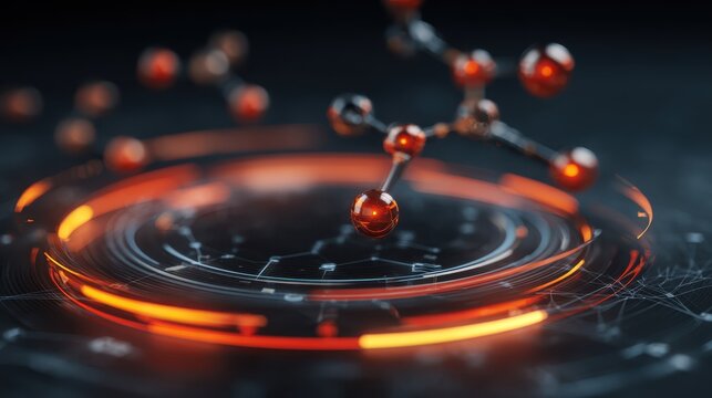 Abstract visualization of molecular structure and dynamic particles with glowing rings and dark backdrop, representing innovation and technology in science