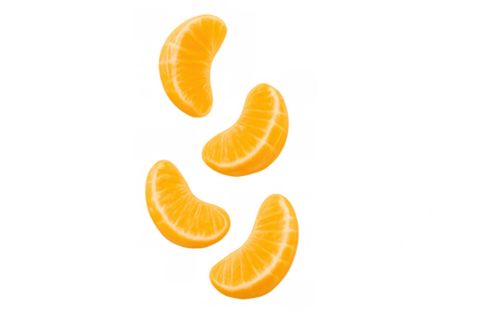 Four peeled, fresh tangerine or mandarin orange segments falling down. Isolated on transparent background, png