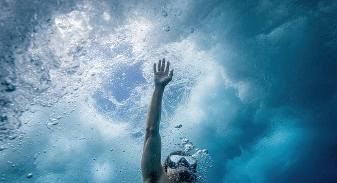 Dramatic underwater view of a person in a diving mask reaching their hand towards the sunlit surface, surrounded by air bubbles in the deep blue sea