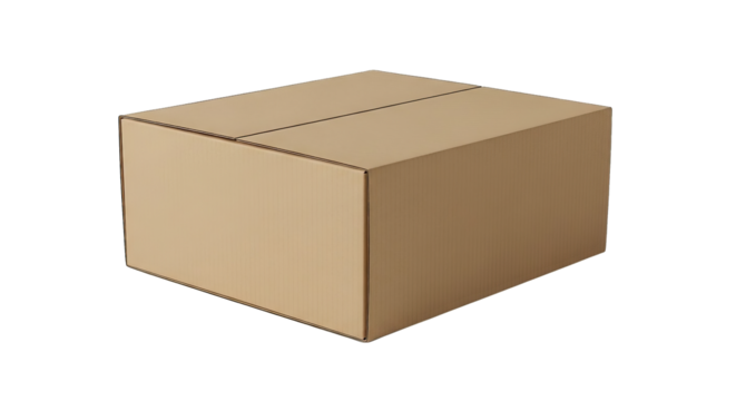 An isolated shot showcases a closed, corrugated cardboard box against a stark black background.