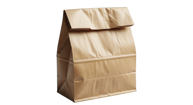 Brown paper lunch bag with folded top, creating shadows on the crinkled surface, isolated on black