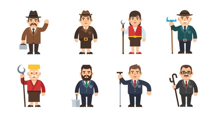 Diverse stylized professional characters representing various occupations in flat vector art