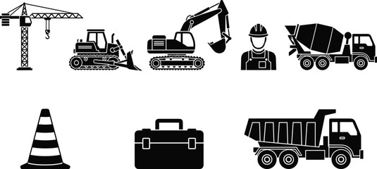 Construction industry icon set, featuring crane, excavator, bulldozer, worker, cement mixer truck, dump truck, traffic cone, and toolbox vector silhouette.