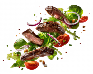 Falling steak salad ingredients isolated on transparent background, grilled beef slices, lettuce, tomatoes, onions, and dressing in mid-air, dynamic motion, sharp detail