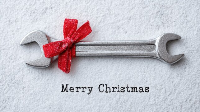 Christmas greeting with a wrench and a festive red bow on a snowy background