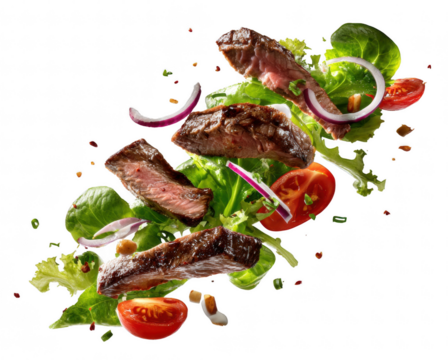 Falling steak salad ingredients isolated on transparent background, grilled beef slices, lettuce, tomatoes, onions, and dressing in mid-air, dynamic motion, sharp detail