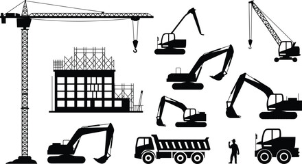Construction site machinery silhouette collection, featuring tower crane, multiple excavators, dump truck, building frame, loader, and worker vector graphics for heavy industry.