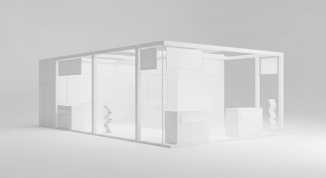 Minimalist white exhibition stand with glass walls and modern design, rendered in a clean, architectural style.