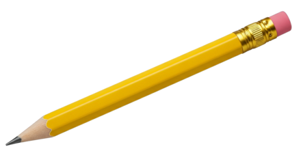 Close up of a sharp, yellow, wooden pencil with a pink eraser on a dark, contrasting background.