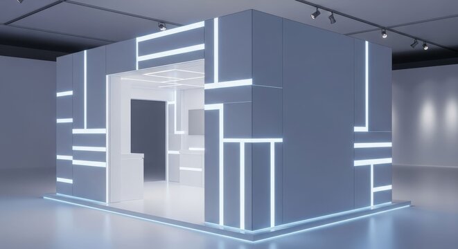 Modern exhibition booth with glowing blue LED light strips in a minimalist gallery space. - Powered by Adobe