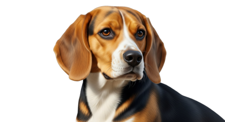 Close-up portrait of an endearing Beagle dog with gentle eyes and a serene, inquisitive expression.