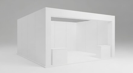 A minimalist white empty exhibition booth or trade show stand with two pedestals, rendered in a clean studio setting.