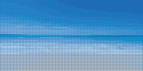 Naklejka premium Abstract beach scene featuring blue sky, ocean, and sand, rendered in a striking halftone dot grid. Visualizes a minimalist digital landscape, ideal for travel, summer, and retro tech themes