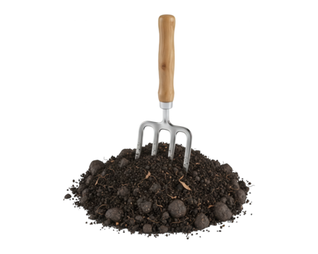 Small metal cultivator tool resting upright in a mound of rich, dark earth
