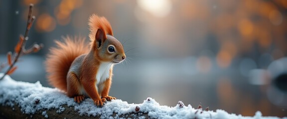 Cute red squirrel sitting on a snowy branch in a winter forest. Wildlife animal close-up with bokeh background. Panoramic banner with copy space