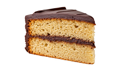 Delicious slice of layered cake with rich chocolate frosting against a dark background.