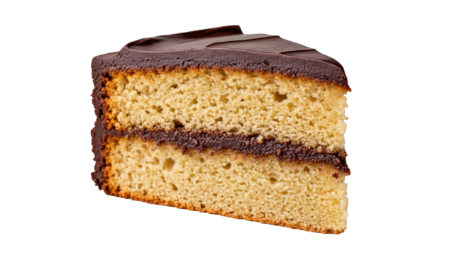 Delicious slice of layered cake with rich chocolate frosting against a dark background.