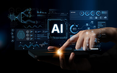 A futuristic AI dashboard for business intelligence. This platform showcases advanced data analytics, processing complex information into visual charts and graphs for strategic insights. Fermion