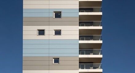 A modern residential building with a colorful paneled facade, small windows, and balconies against a clear blue sky, showcasing contemporary urban architecture and design