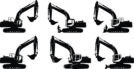 Heavy-duty excavator and construction worker silhouette set, featuring large tracked digging machinery and operator figures in various action vector graphics.