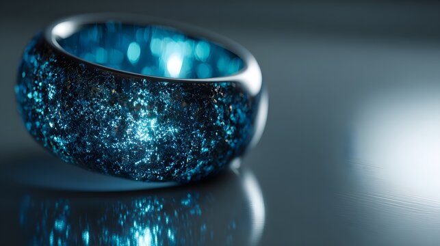A magical glowing blue ring with a rough crystalline texture on a reflective surface. - Powered by Adobe