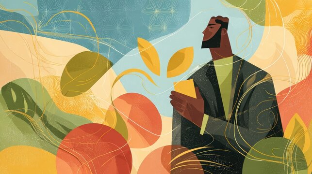 A stylized illustration of a Black man holding a growing plant. Business growth, sustainability, and new beginnings concept. Modern abstract background - Powered by Adobe