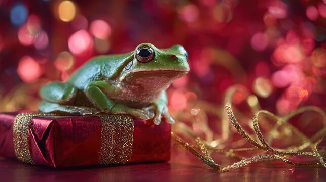 A cute green tree frog sitting on a red Christmas gift. Whimsical holiday scene with a festive bokeh background. Funny animal celebration concept