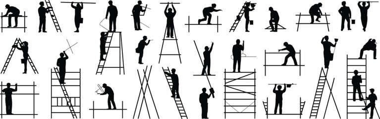 Large set of construction worker silhouette on ladder and scaffolding, performing manual labor, building, climbing, and repair job action vector graphics.